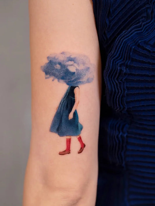 Medium Watercolor Cloud Head Girl Tattoo on Women Arm by @newtattoo_lu
