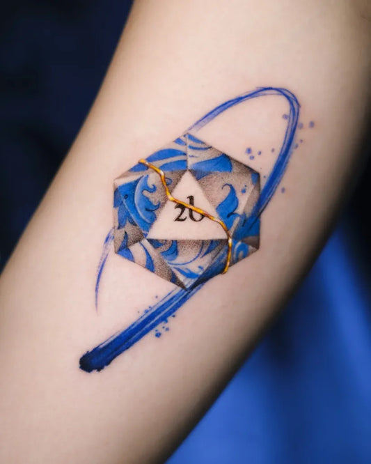 Medium Watercolor D20 Die Tattoo on Women Arm by @tatuaggidiporcellana