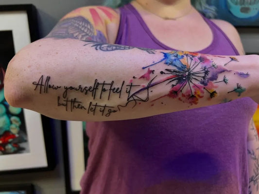 Medium Watercolor Dandelion Quote Tattoo on Women Arm by @craiglyonstattoos