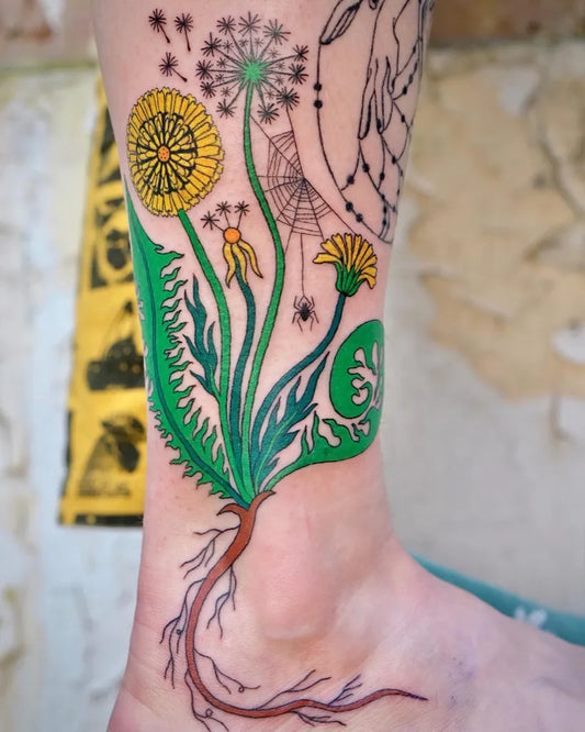 Medium Watercolor Dandelion and Spiderweb Tattoo on Women Leg by @_m_a_e_m_a_e_m_a_e