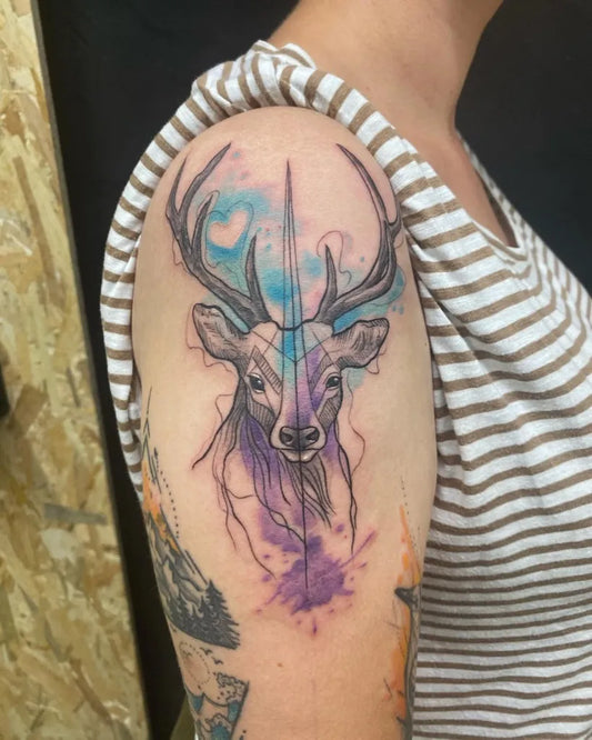 Medium Watercolor Deer Tattoo on Women Shoulder by @kiko_tatts