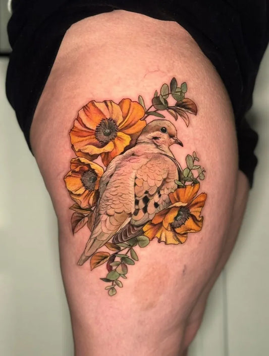Medium Watercolor Dove and Poppies Tattoo on Women Thigh by @daughterofmars.tattoos