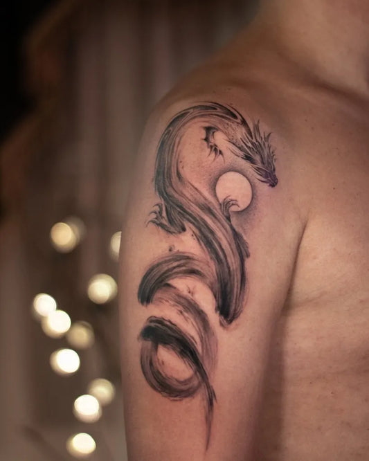 Medium Watercolor Dragon Moon on Men Shoulder Tattoo by @larectastudio