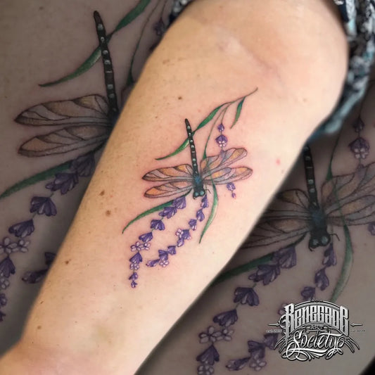 Medium Watercolor Dragonfly Lavender on Women Arm Tattoo by @renegadeartsociety