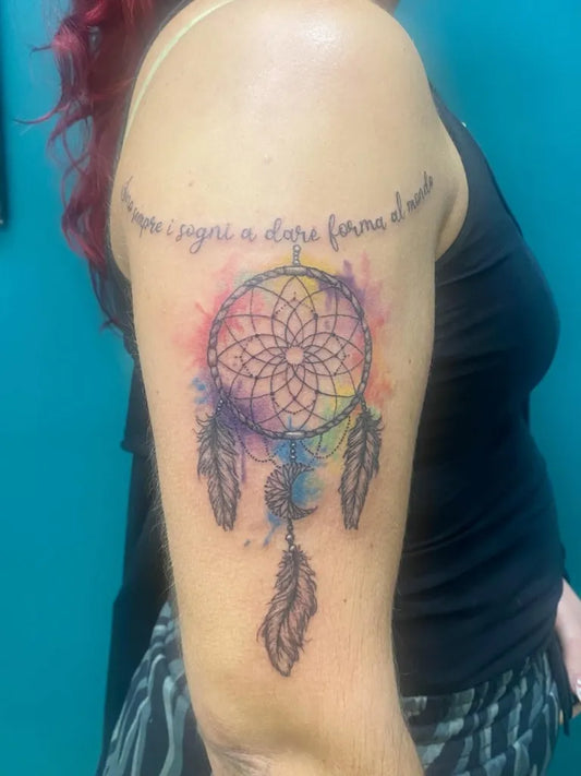 Medium Watercolor Dream Catcher Feathers Tattoo on Women Arm by @blondiefrom_mars