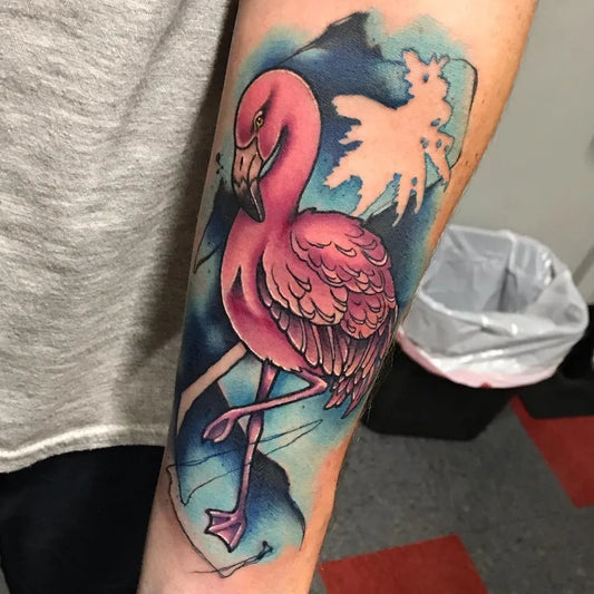 Medium Watercolor Flamingo Silhouette Tattoo on Women Arm by @tha_carol_