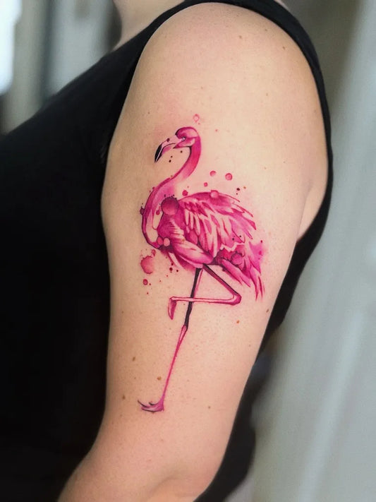 Medium Watercolor Flamingo Tattoo on Women Arm by @bobinczi