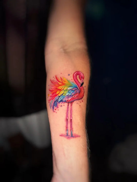 Medium Watercolor Flamingo Tattoo on Women Arm by @tattoo_kovtun