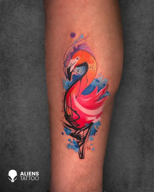 Medium Watercolor Flamingo Tattoo on Women Leg by @10am_x_art
