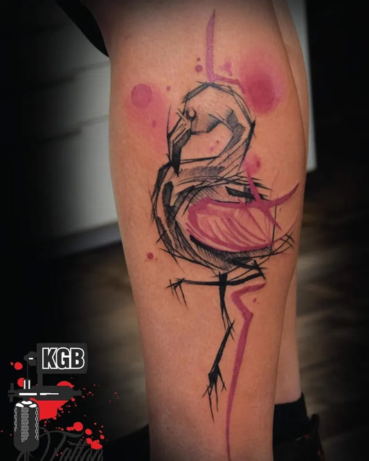 Medium Watercolor Flamingo Tattoo on Women Leg by @kgbtattoo