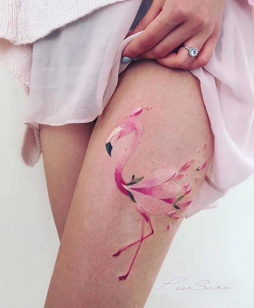 Medium Watercolor Flamingo Tattoo on Women Thigh by @mislens_crazyhub