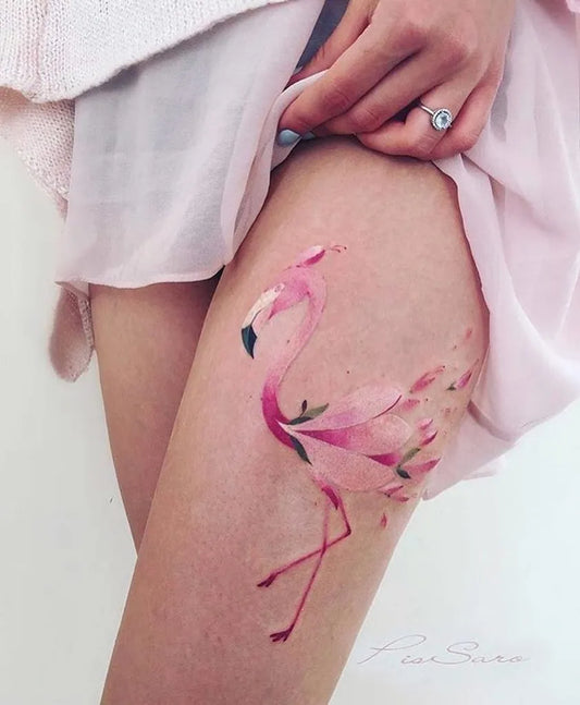 Medium Watercolor Flamingo Tattoo on Women Thigh by @mislens_crazyhub