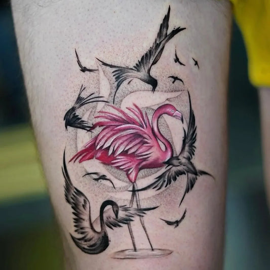 Medium Watercolor Flamingo and Birds Tattoo on Women Thigh by @threekingsli