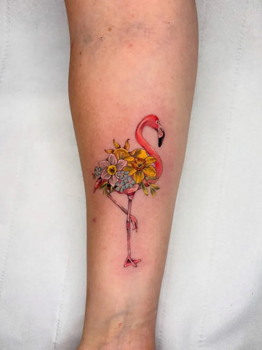 Medium Watercolor Flamingo with Flowers and Martini Tattoo on Women Forearm by @hollyridingtattoo