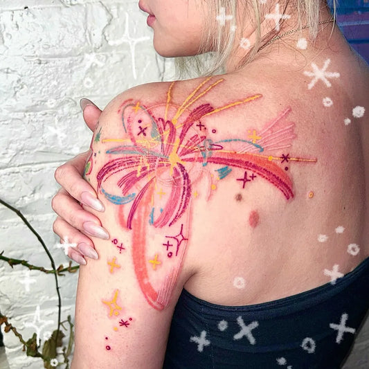 Medium Watercolor Flower with Stars Tattoo on Women Shoulder by @hakunamatatattoo_