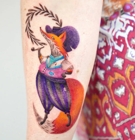 Medium Watercolor Fox Musician Tattoo on Women Arm by @kozie_malunki