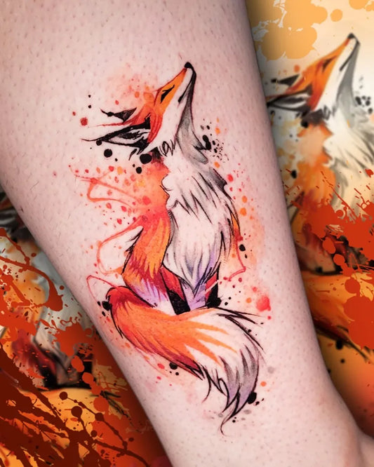 Medium Watercolor Fox Tattoo on Women Leg by @baltapaprocki