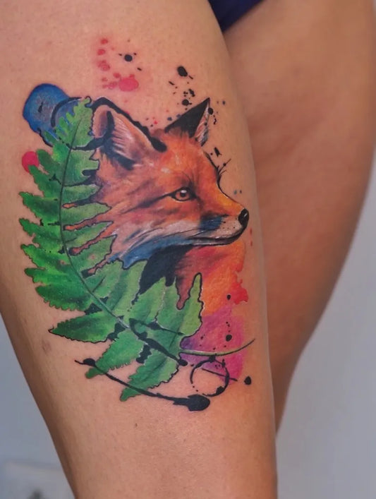 Medium Watercolor Fox and Fern Tattoo on Women Thigh by @moni_lien_pham