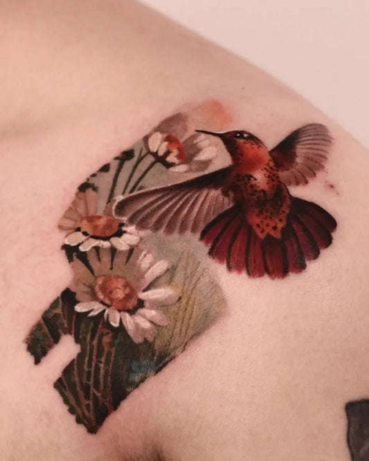 Medium Watercolor Hummingbird and Daisies on Women Shoulder Tattoo by @leo.inkcolor