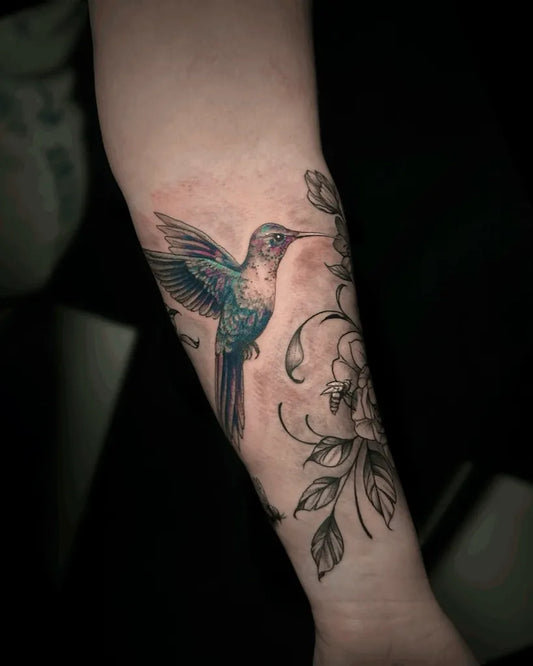 Medium Watercolor Hummingbird and Peony on Women Arm Tattoo by @kaorukeltattoo