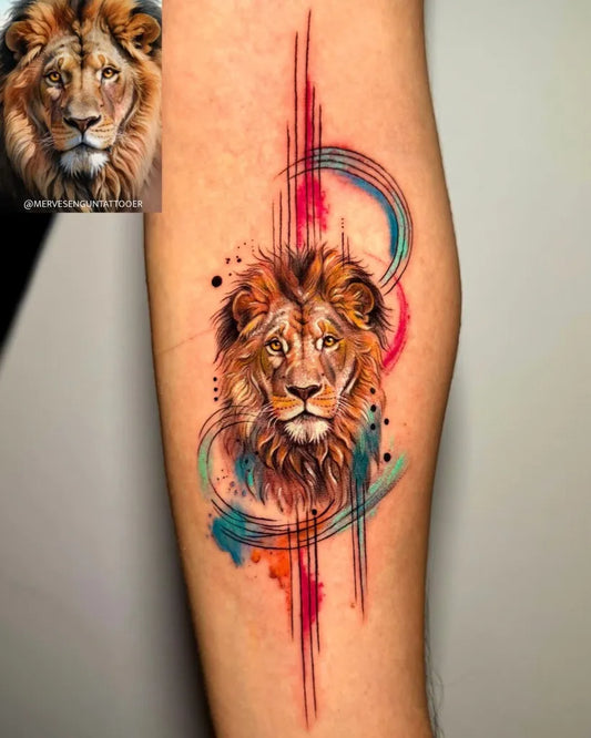 Medium Watercolor Lion with Geometric Lines on Men Arm Tattoo by @mervesenguntattooer