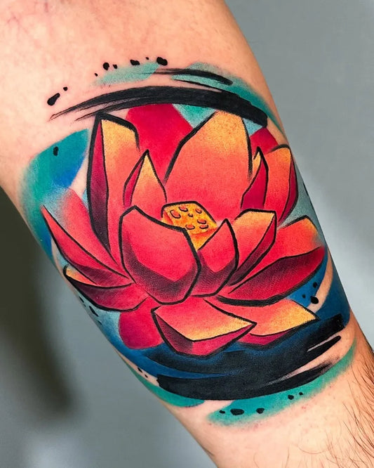 Medium Watercolor Lotus Flower on Men Arm Tattoo by @sirota_ink