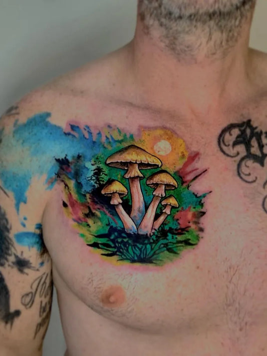 Medium Watercolor Mushrooms Sun and Foliage on Men Chest Tattoo by @yantinotattoo_ubud