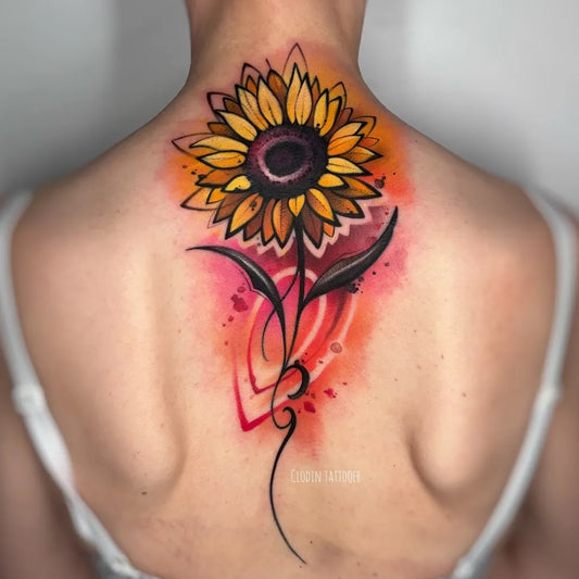 Medium Watercolor Neo Traditional Sunflower and Heart on Women Back Tattoo by @clodin_93