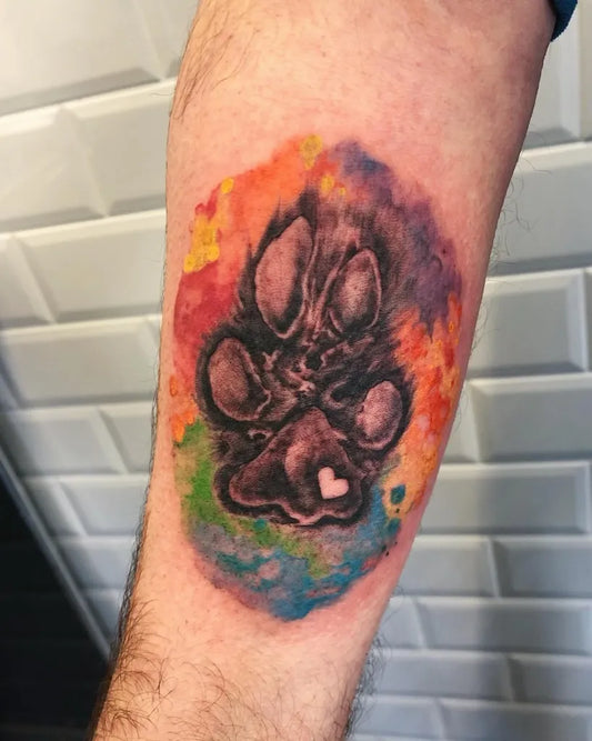 Medium Watercolor Paw Print with Heart Tattoo on Men Arm by @mf_inks