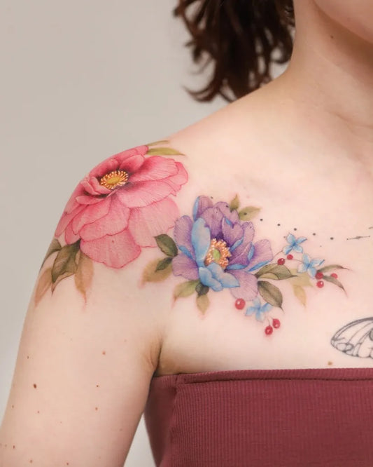Medium Watercolor Peony Flowers Tattoo on Women Shoulder by @tattooist_silo