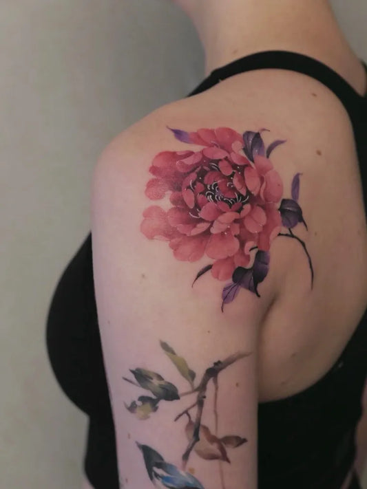 Medium Watercolor Peony and Bluebird on Women Shoulder Tattoo by @tattooistlynn