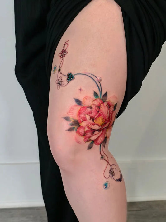 Medium Watercolor Peony and Vines on Women Knee Tattoo by @bluetattoo_van