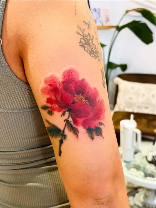 Medium Watercolor Peony on Women Arm Tattoo by @joytattoo.van