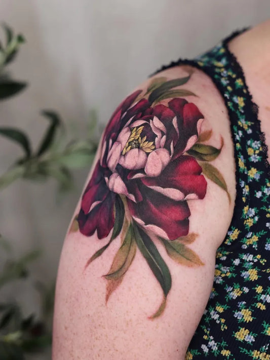 Medium Watercolor Peony on Women Shoulder Tattoo by @doraahuuu.art