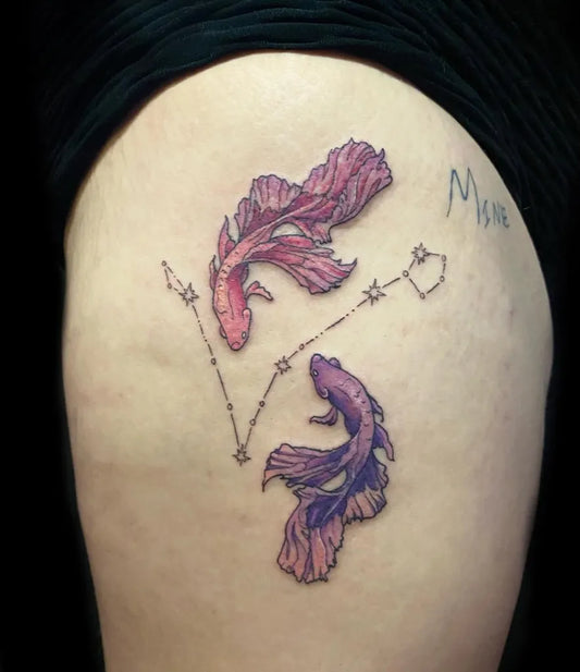 Medium Watercolor Pisces Betafish Constellation Tattoo on Women Thigh by @wickedsabine