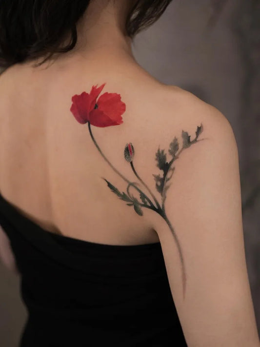 Medium Watercolor Poppy Flower Tattoo on Women Shoulder by @newtattoo_qiqi