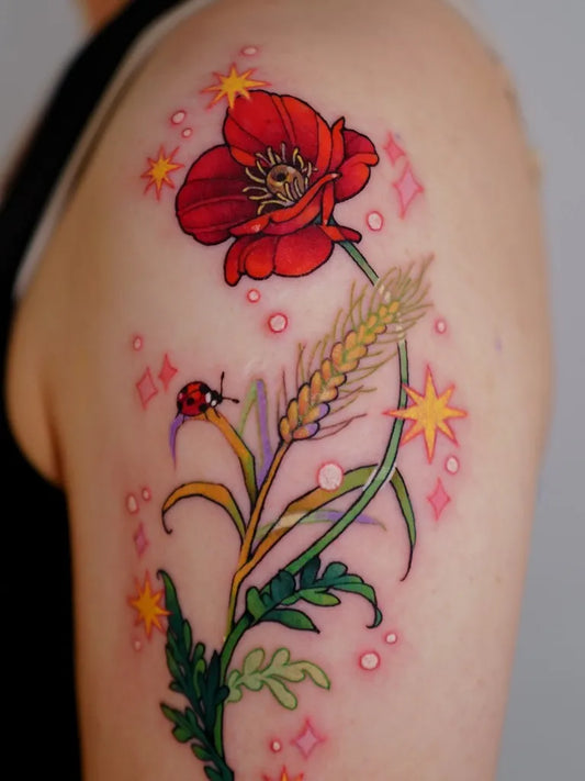 Medium Watercolor Poppy Wheat Ladybug Tattoo on Women Shoulder by @bellesea_
