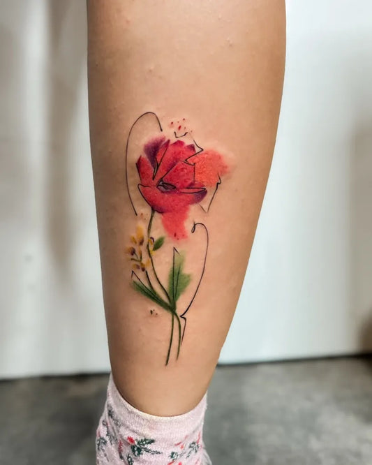 Medium Watercolor Poppy and Flowers Tattoo on Women Leg by @luvnroll