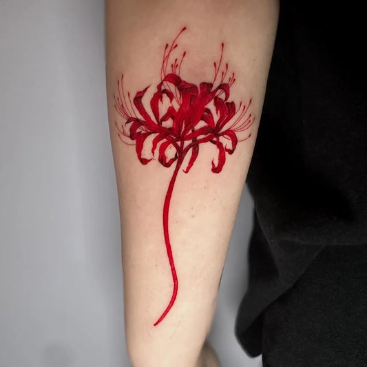 Medium Watercolor Red Spider Lily Tattoo on Women Arm by @ragequittattoo