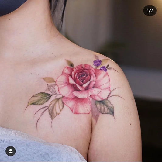Medium Watercolor Rose and Lavender Women Collarbone Tattoo on by @inkwave.scene