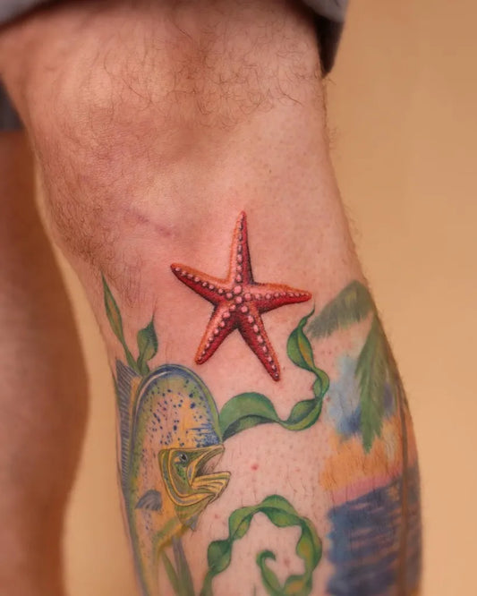 Medium Watercolor Sea Star Octopus Nautical Tattoo on Men Leg by @aliceink_tattoos
