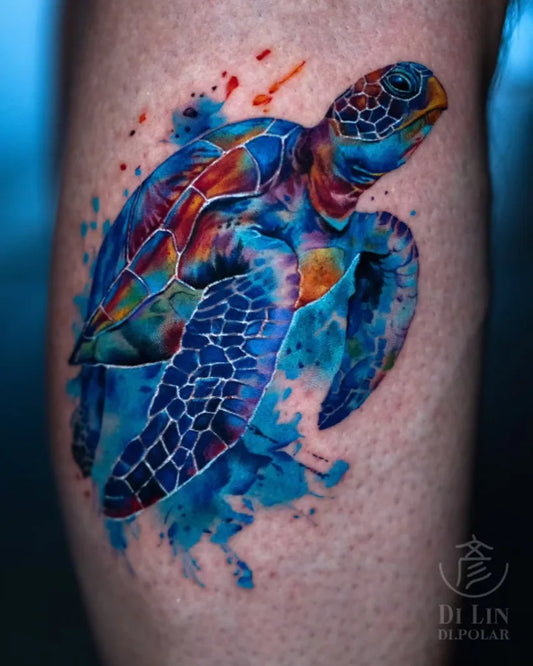 Medium Watercolor Sea Turtle Tattoo on Women Leg by @di.polar