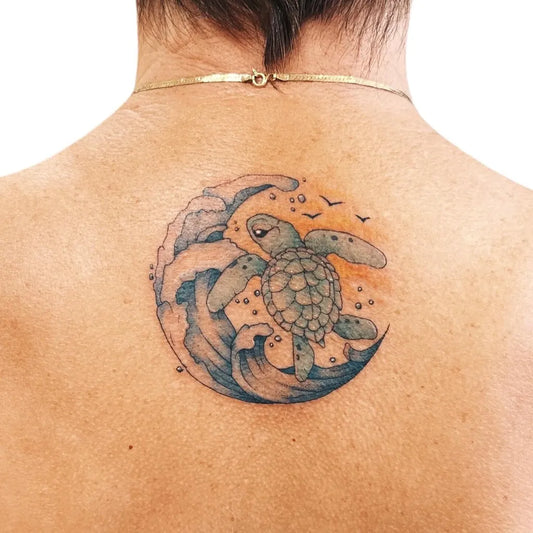 Medium Watercolor Sea Turtle Waves Tattoo on Women Neck by @shroomgrrrl