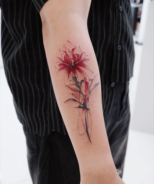 Medium Watercolor Spider Lily Red Tattoo on Women Arm by @baronart_mj
