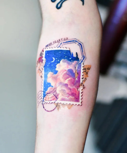 Medium Watercolor Stamp Cloud Castle Tattoo on Women Arm by @thistle.tattoo