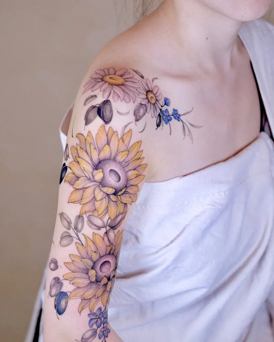 Medium Watercolor Sunflower Flowers on Women Shoulder Tattoo by @dudutattooist