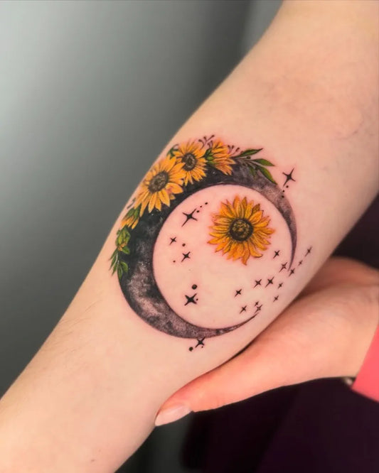 Medium Watercolor Sunflower Moon on Women Forearm Tattoo by @palomabarrostattoos