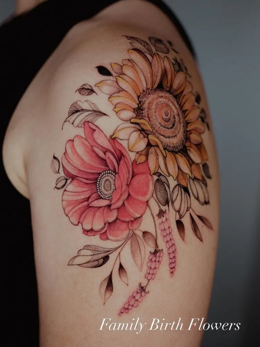 Medium Watercolor Sunflower Peony and Leaves on Women Shoulder Tattoo by @esther_tattooist