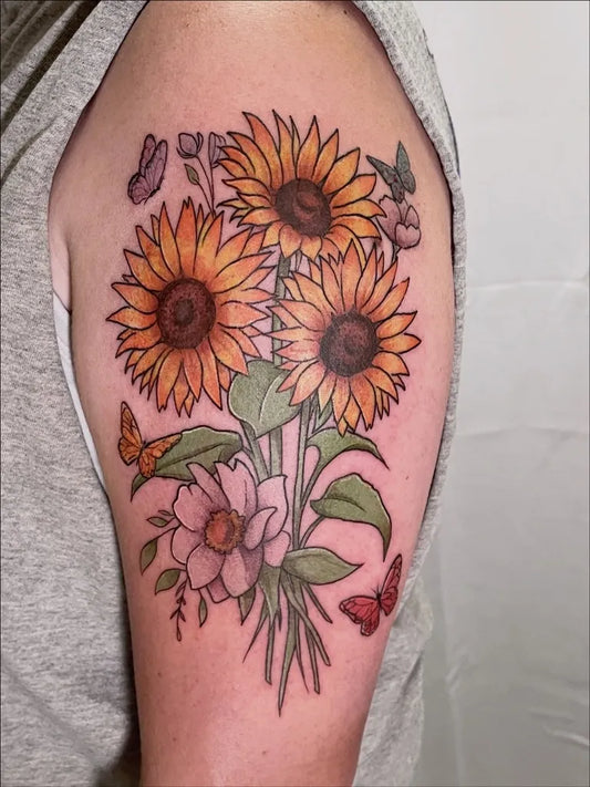 Medium Watercolor Sunflowers and Butterflies on Women Arm Tattoo by @acat.tats