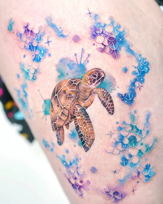 Medium Watercolor Turtle and Coral Women Thigh Tattoo on Women Thigh by @siren_ink